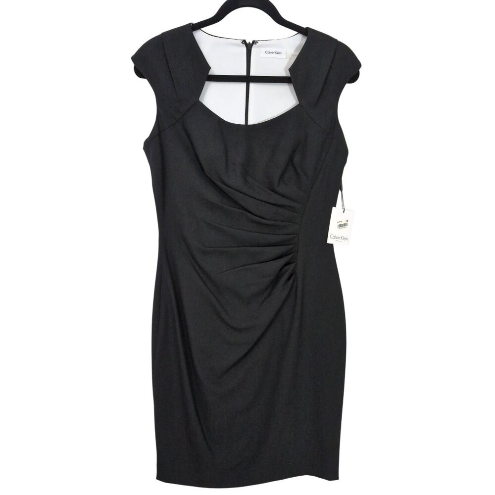 Calvin Klein Sheath Dress Womens 6 Black Cap Sleeve Cut Out Neck LBD Career Date - Picture 2 of 13